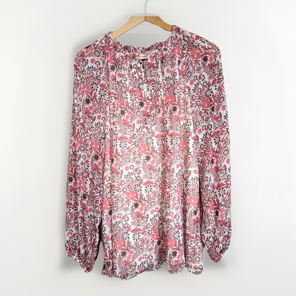 Talbots Pink Floral Print Blouse Split Neck Sheer Long Sleeve Boho Size Large